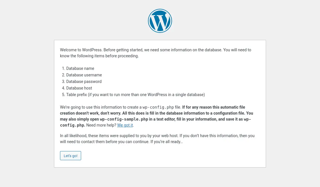 Wordpress installation Wizard