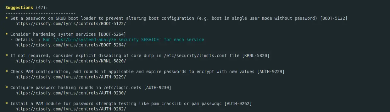Lynis' suggestions for improving your system 