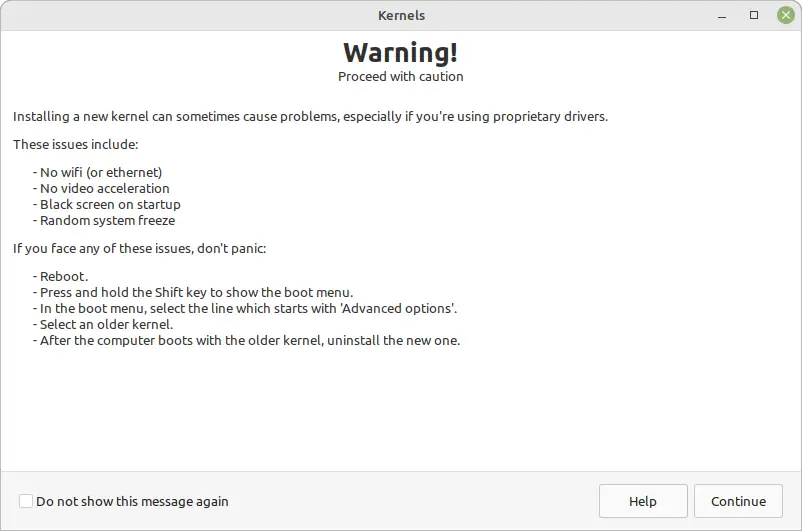 Warning screen before updating the kernel on Linux Mint