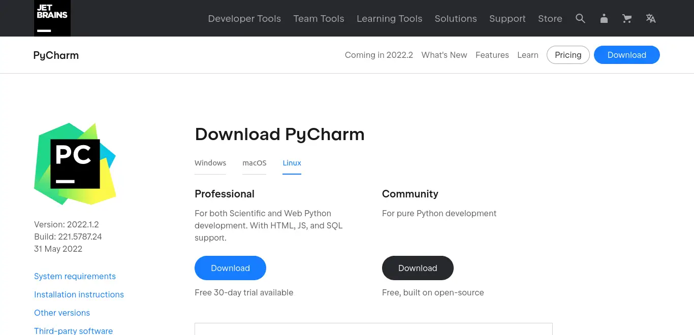 Download PyCharm from the website