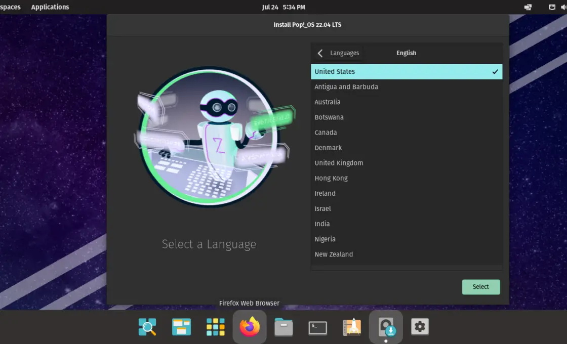 Select language screen on the Pop OS installation
