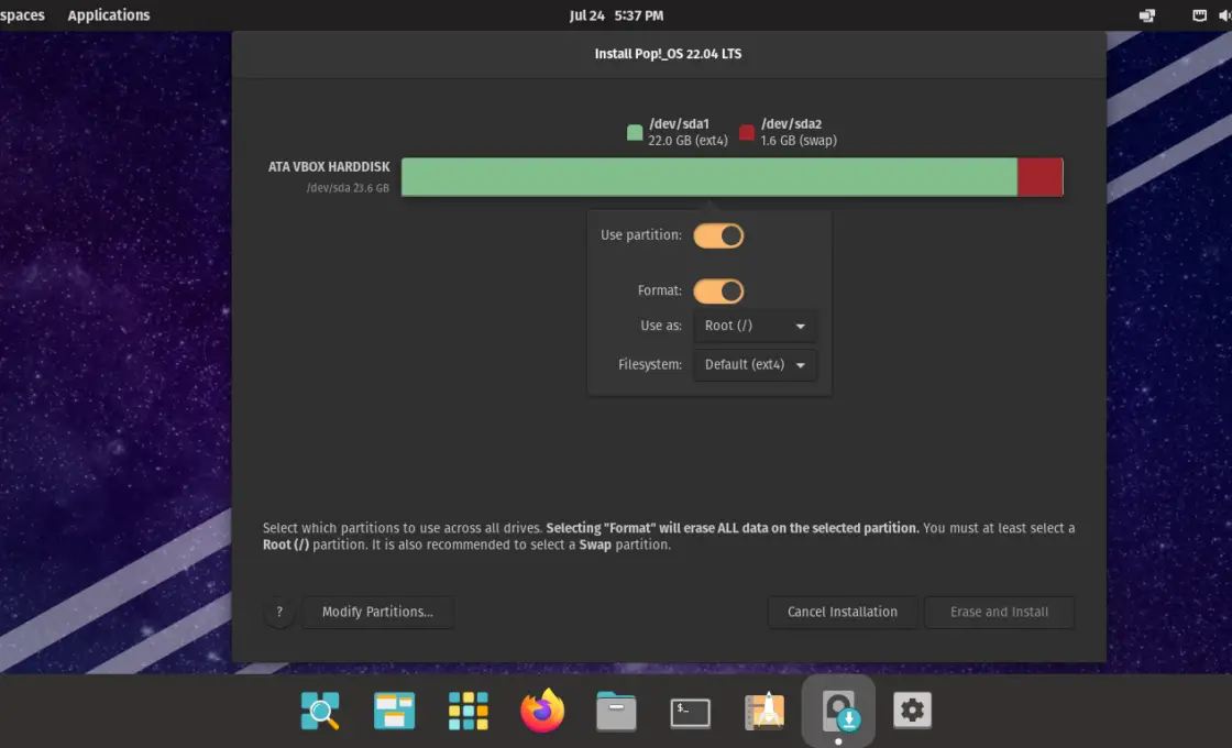 Partitions ready for Pop OS