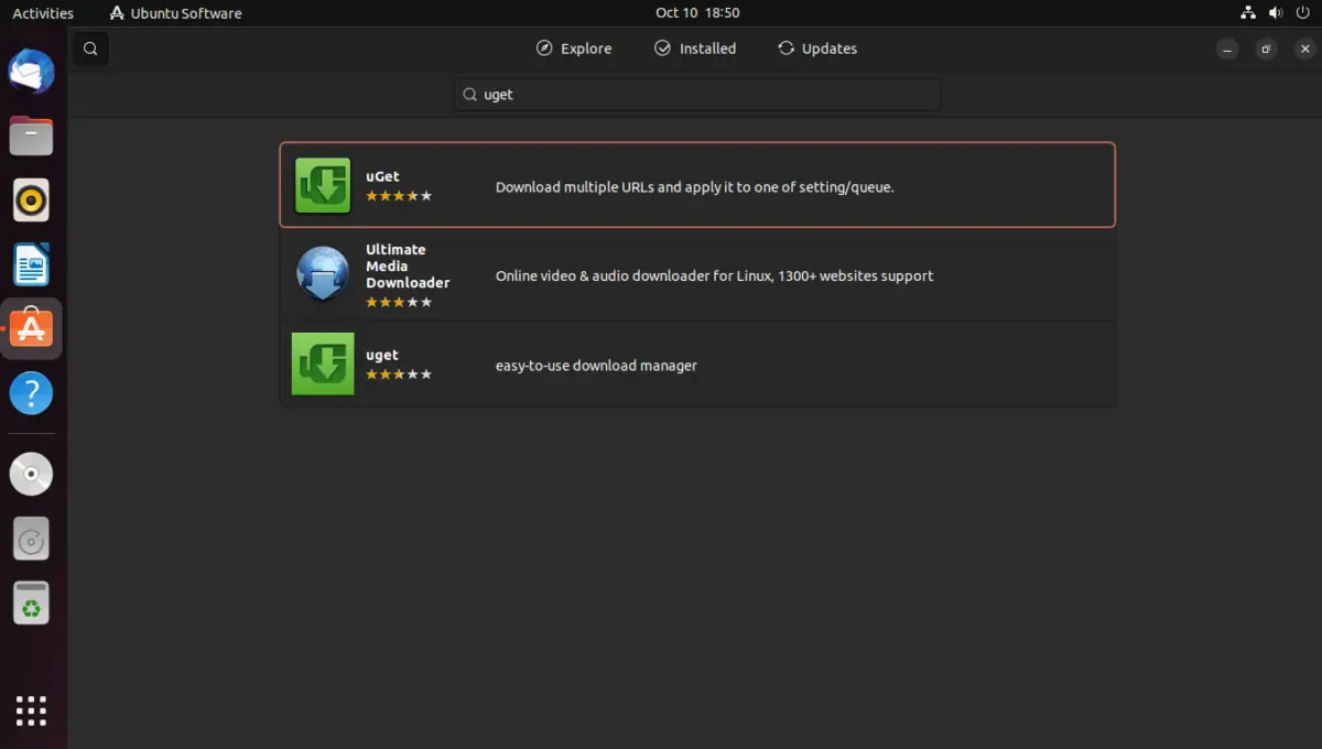 Searching for uGet on the Ubuntu Software Center