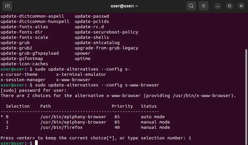 Changing the default web browser using the terminal