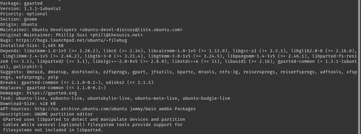 GParted package information