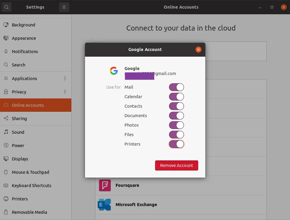 Google Account settings on Ubuntu