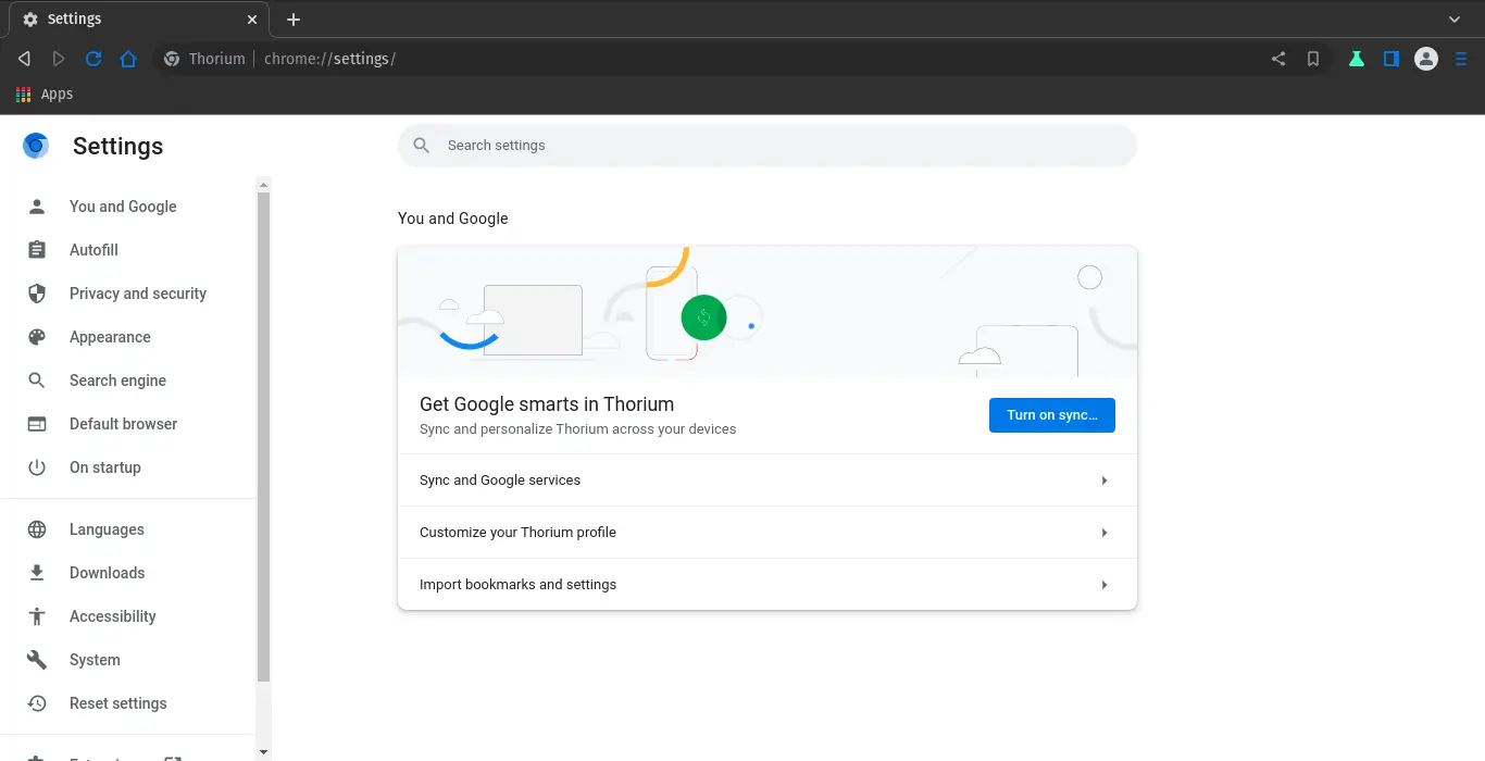 Thorium settings interface