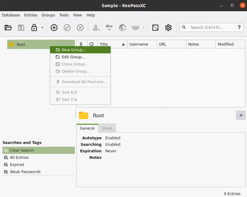 Creating a new group on KeePassXC