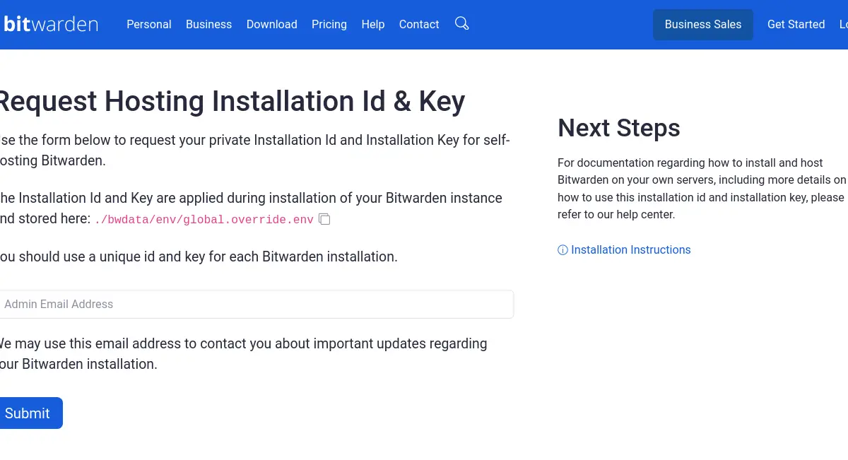 requesting Hosting Installation ID & Key Bitwarden
