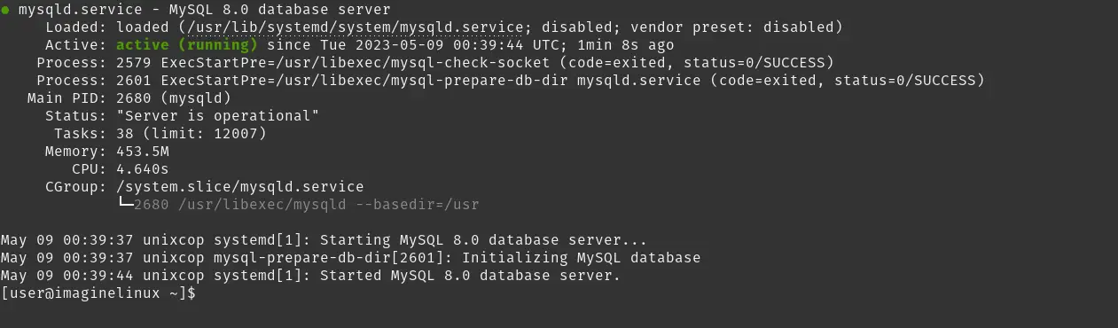 MySQL status on Alma Linux 9