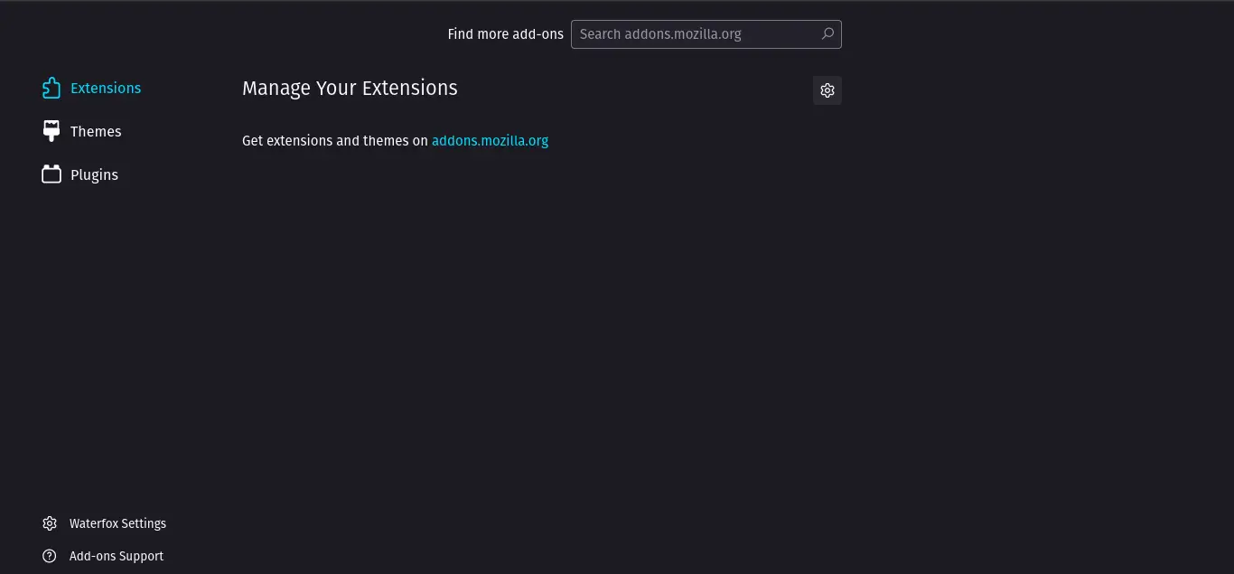 Extension page on Waterfox
