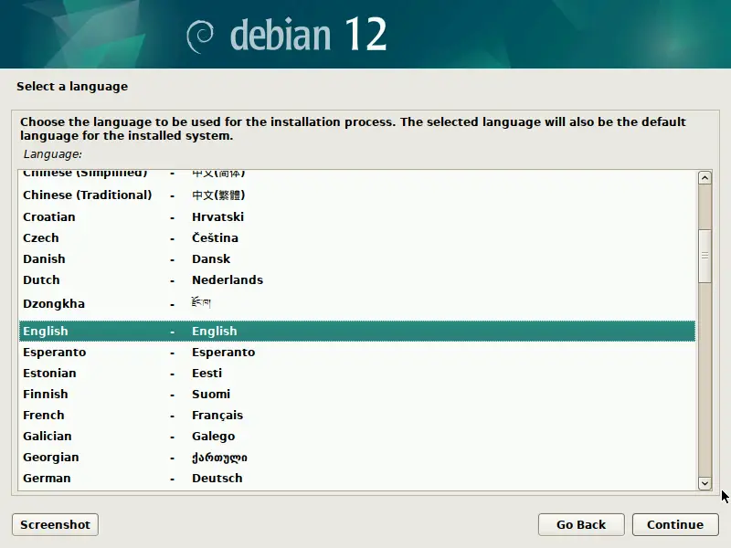 Select the Debian Language