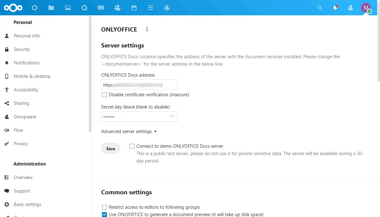 onlyoffice settings in next cloud