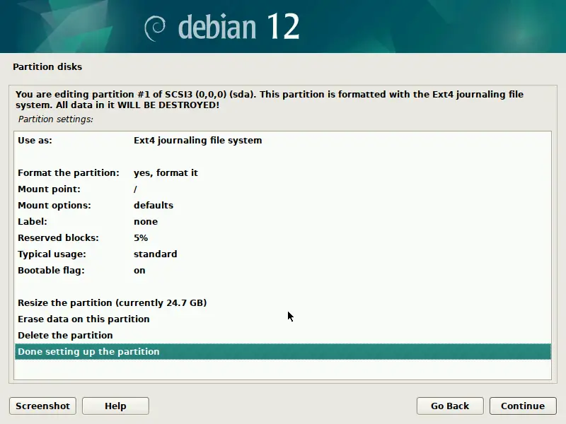 Preparing the disk partitions for Debian 12