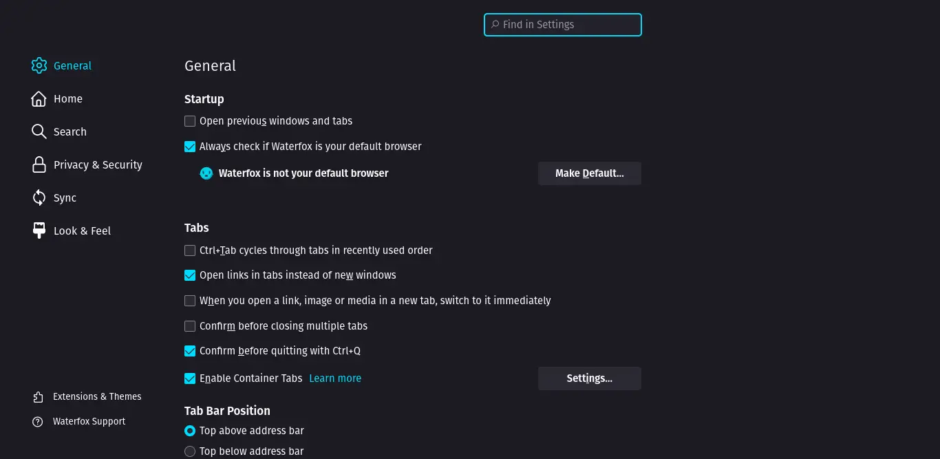 Settings page on Waterfox