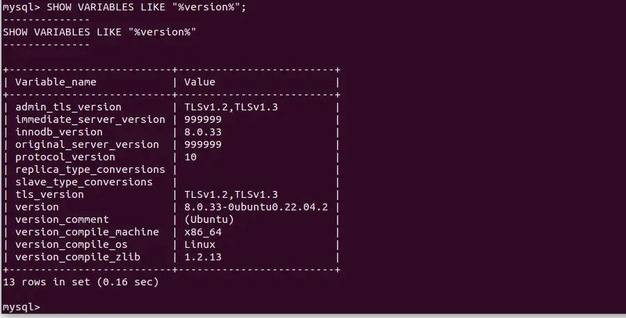 MySQL SHOW VARIABLES LIKE "%version%" output