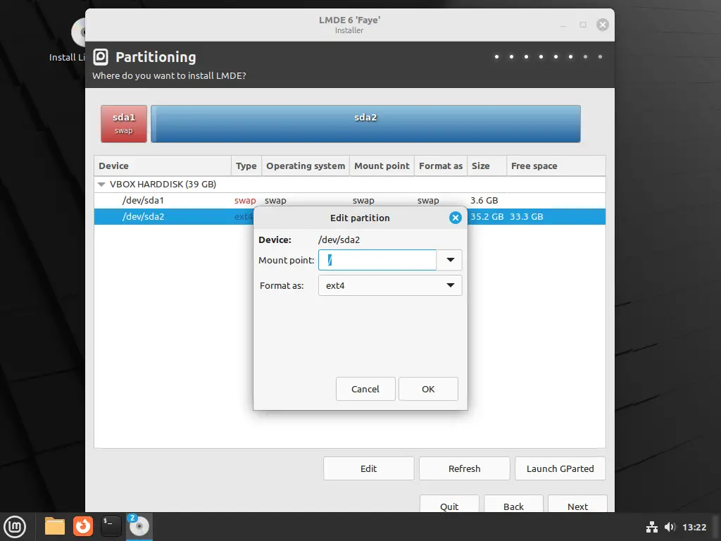 Editing the partition to install LMDE